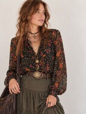 Whimsigoth Moody Florals Sheer Blouse LOFT Dark Romance Black Polka Dot Top S